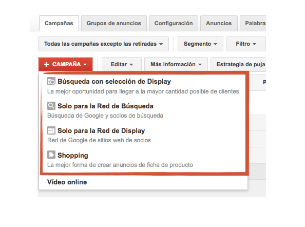 Elegir tipo de campaña en Google Adwords
