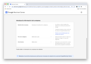 Información de la empresa Google Merchant Center