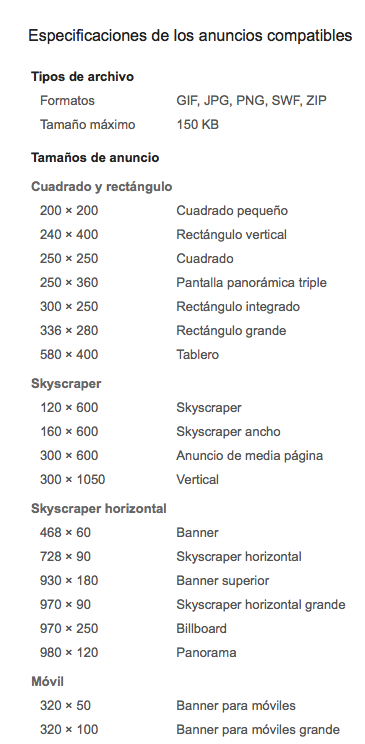 Especificaciones de tamaños de anuncios en Google Adwords
