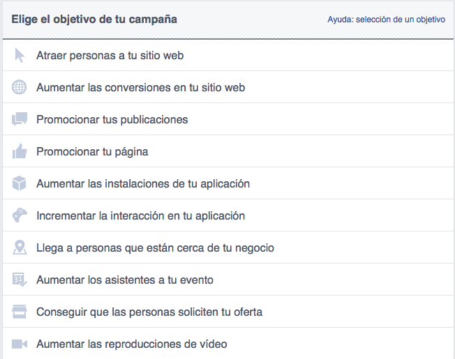 Tipos de campaña en Facebook