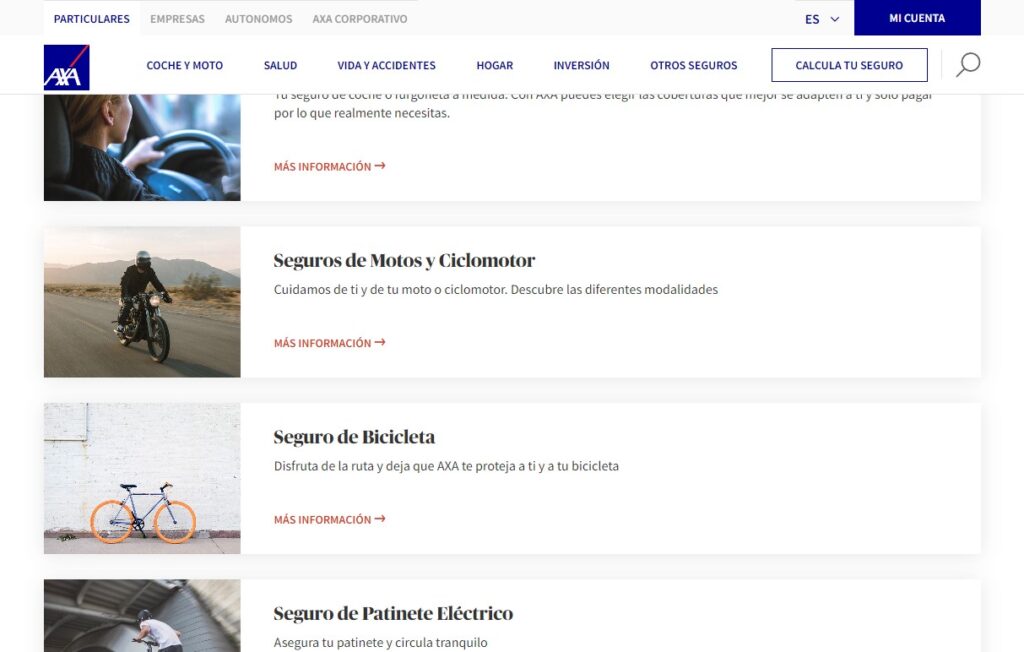 AXA, opta por colocar Seguros de Coche tanto a la izquierda de su navegación principal, como arriba en la página categorizadora.