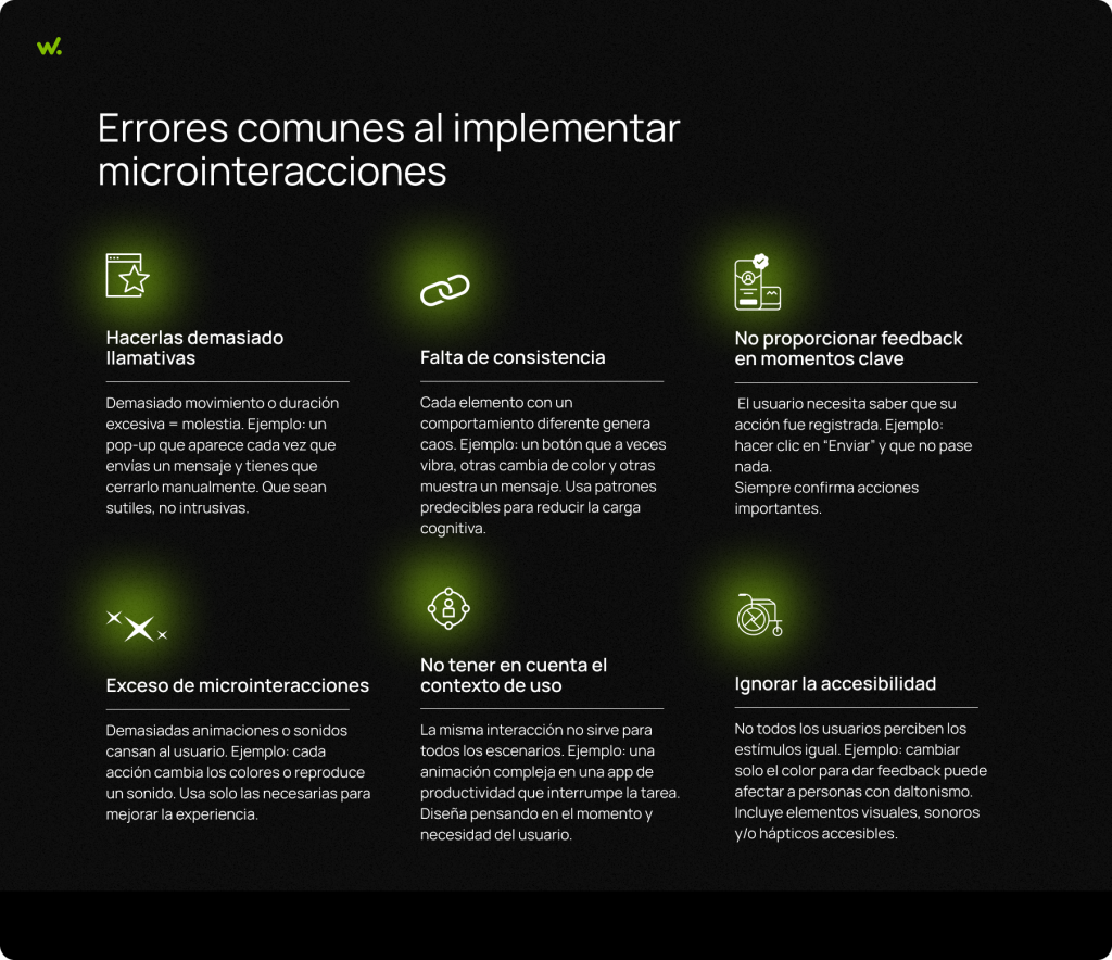 Los errores más comunes al implementar microinteracciones son: hacerlas demasiado llamativas, falta de consistencia, no proporcionar feedback en momentos clave, exceso de microinteracciones, no tener en cuenta el contexto de uso e ignorar la accesibilidad.